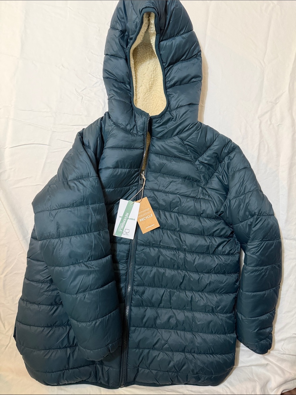 Vertbaudet NWT Size 13/14 Kids Hooded Puffer Coat Dark Teal - Insulated Warmth